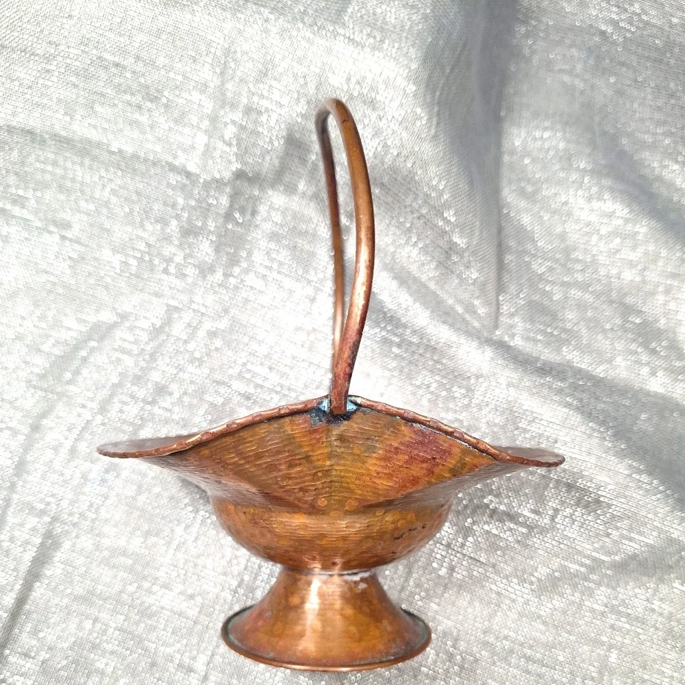 2 Mini Vintage Hammered Copper Basket & Metal Weave Handles Metalware Decor MCM